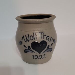 Vintage Salt Glazed Rowe Pottery, 1992 Tan and Blue Folk Art Pottery Jar